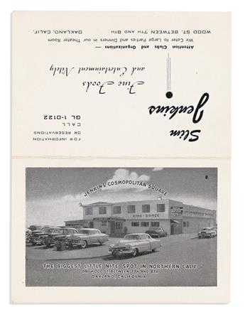 (BUSINESS--RESTAURANTS.) Promotional menu for the Slim Jenkins restaurant and nightclub in West Oakland.